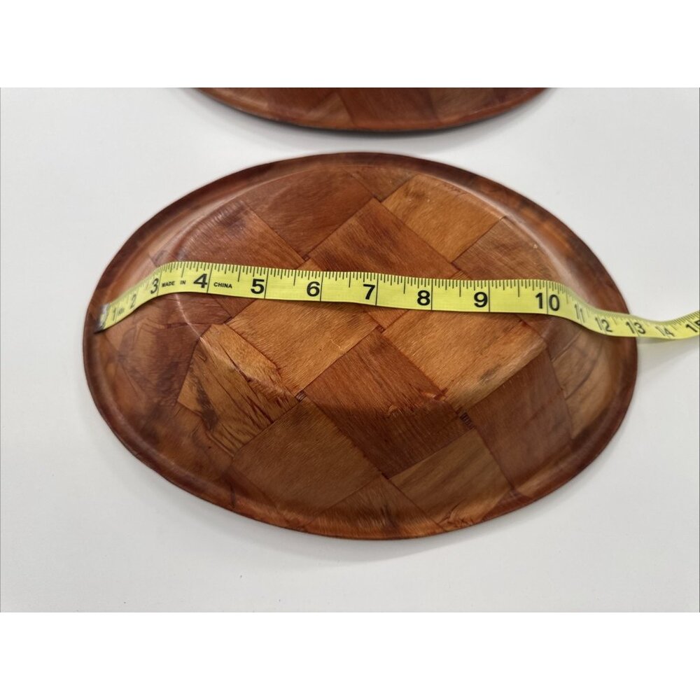 Vintage Parquet Weave Wood Oval Serving Bowls 12" Lot of 2 Woven Mid Century MCM - Picture 3 of 9
